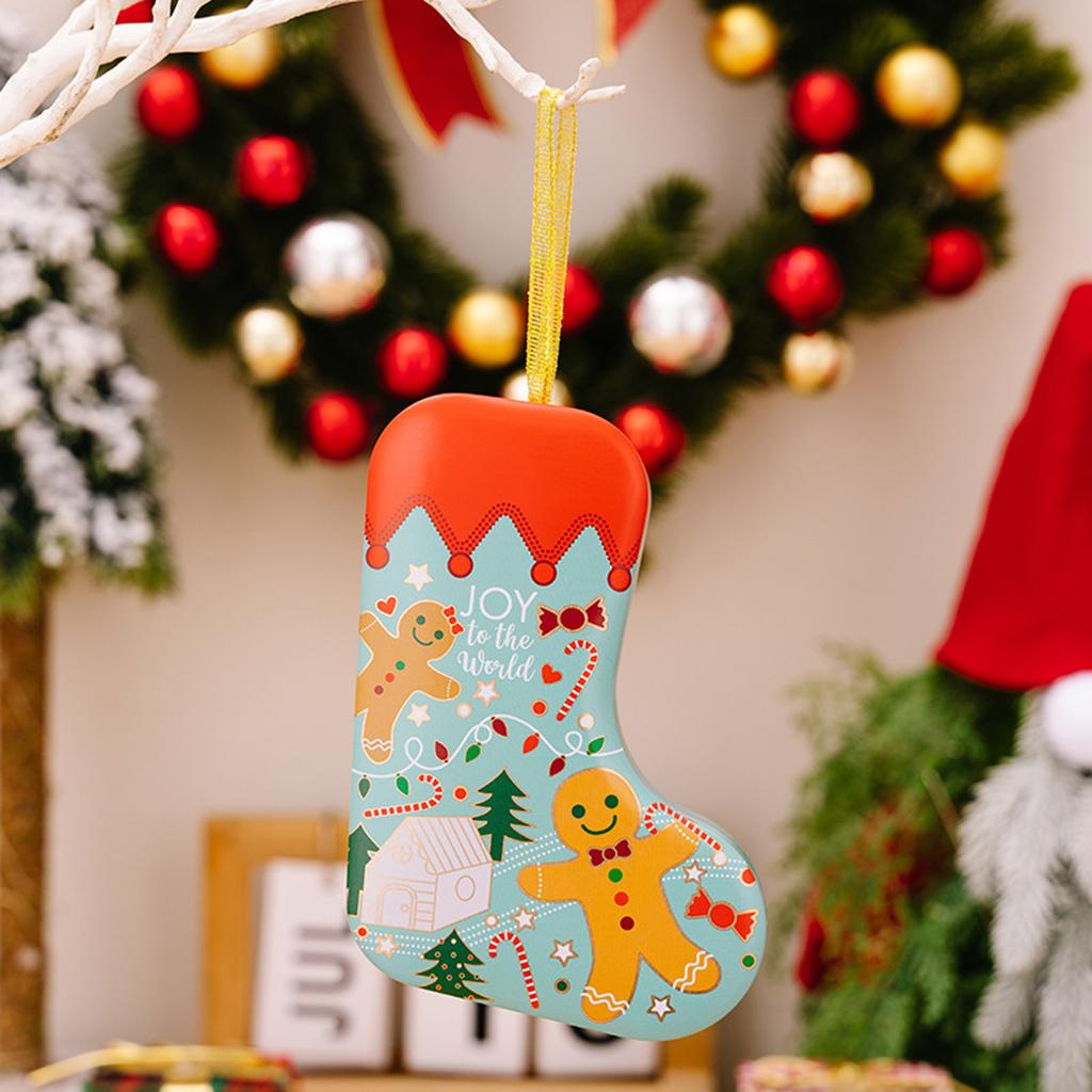 Christmas Tin Box Tinplate Xmas Stocking Shaped Candy Box With Ribbons Christmas Candy Jars Storage Containers For Xmas Holiday Party Favors