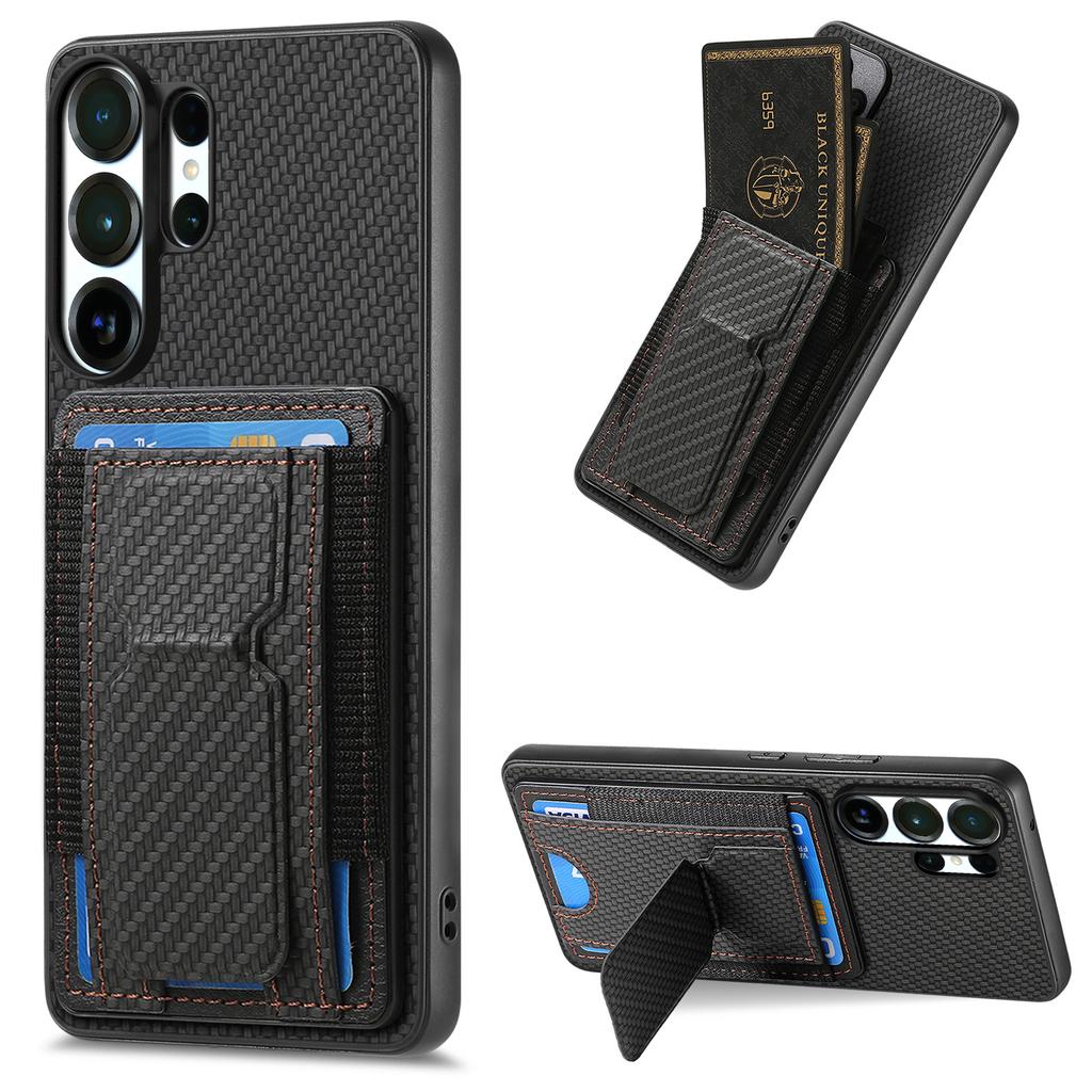 Luxury Carbon Fiber Pattern Vertical Card Solt Holder Wallet Leather Case For Samsung S25 Ultra S24 Plus S23 A17 A07 Stand Cover