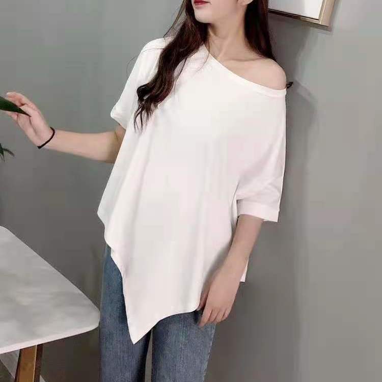 Maglione T-shirt Irregolare Manica Corta Donna Girocollo Bat Seta di Ghiaccio Coreano Taglia Larga Orlo Diagonale Top