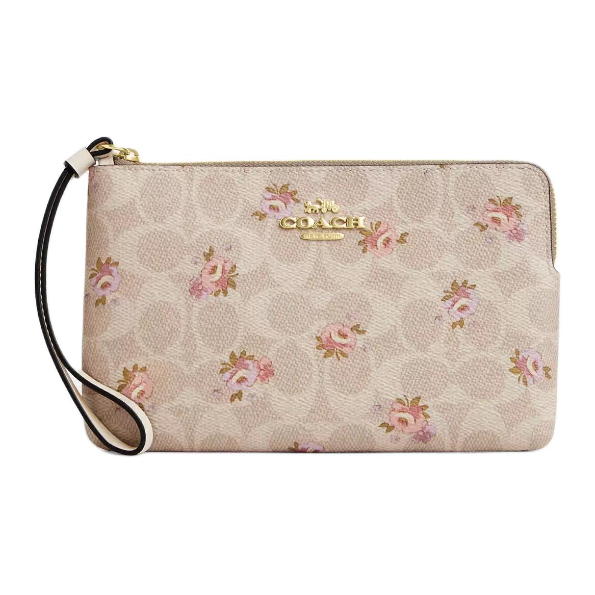 

Coach Corner Zip 20 Floral Print Logo Coated Canvas Clutch Bag Small Women clutch Gold Beige Multicolor CBA72-IMSAS Basic Set (Bag+Dust Bag)