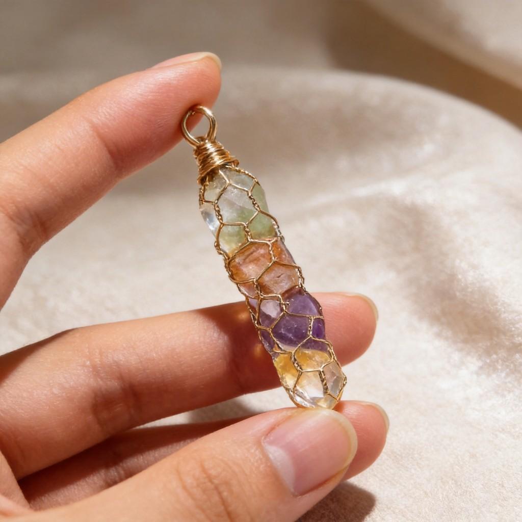 Natural Crystal Pendant Necklace With Rainbow Silk Wrap For Boho Style Jewelry