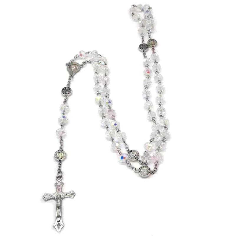 Catholic Necklace Rosary Crystal Beads Long Chain Cross Pendant Necklaces Christian Prayer Meditation Jewelry for Women