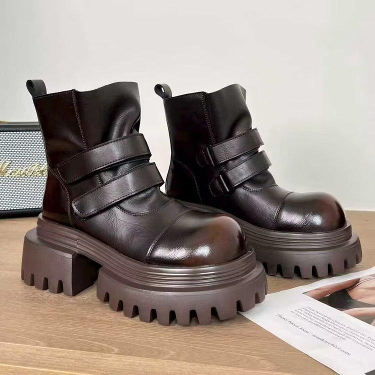 

Версия из коровьей кожи~ Ретро ботинки Мартина в британском стиле на толстом каблуке с плиссировкой детские новые на липучке на высоком каблуке ковбойские ботинки короткие ботинки 40 коричневый