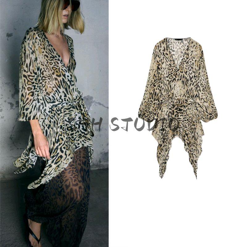 Autumn New Women's Clothing Double Breasted V Neck Long Sleeves Asymmetrical with Belt Animal Pattern Print Tops 8551067