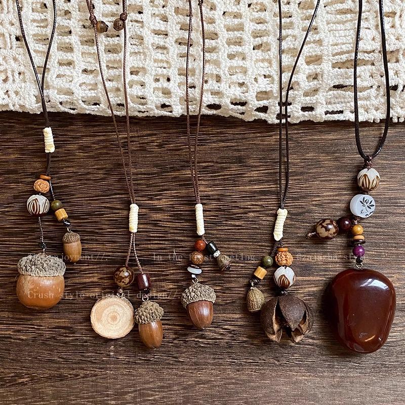 Long-length Wax Rope Walnut Pendant Necklace for Women - A Retro and Niche Design in Modern Chinese Style Accessory