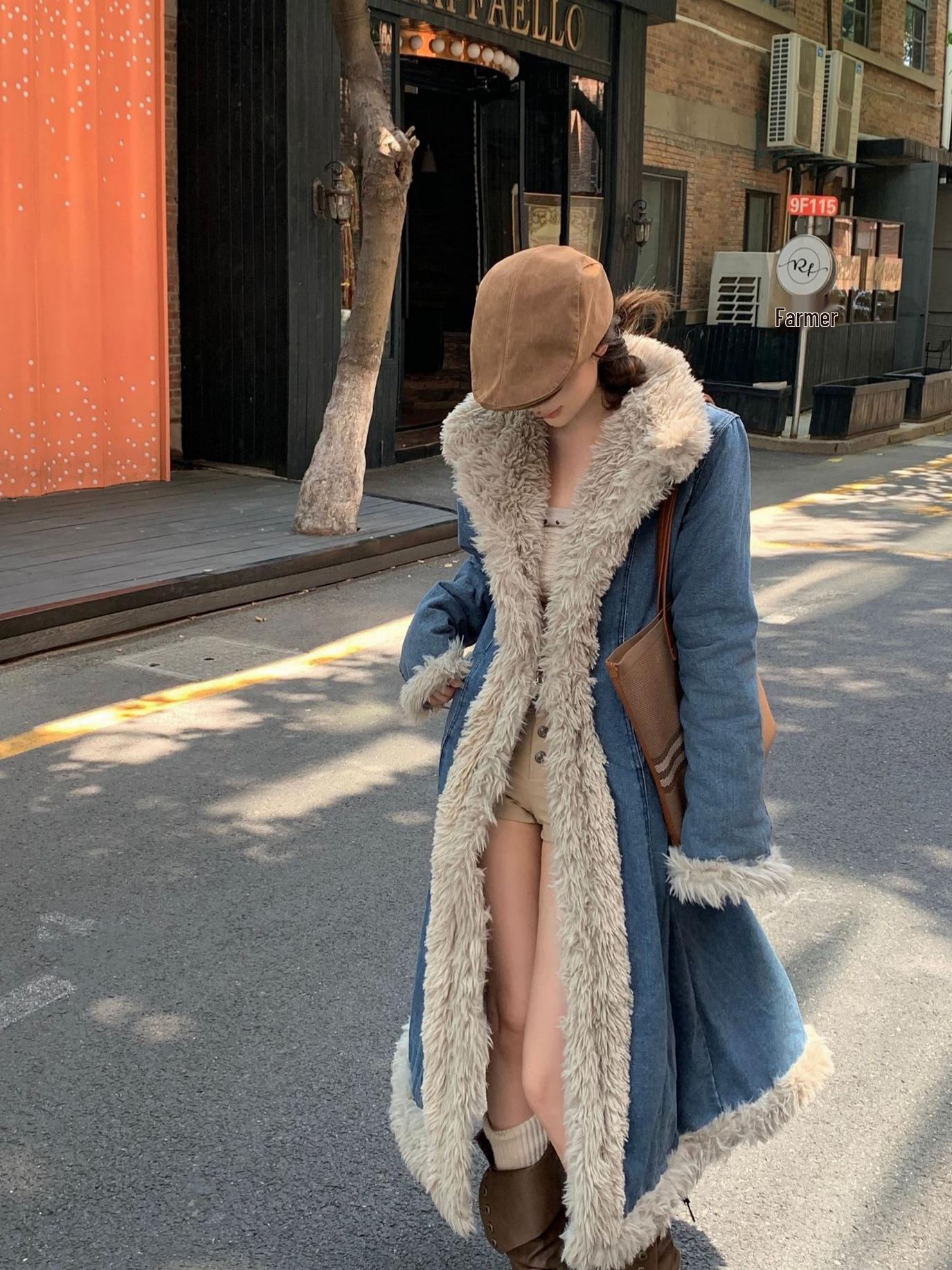 2025 Women s Retro Winter Denim Jacket: Patchwork Design with Thick Fur Lining & Cotton Padding Large синий