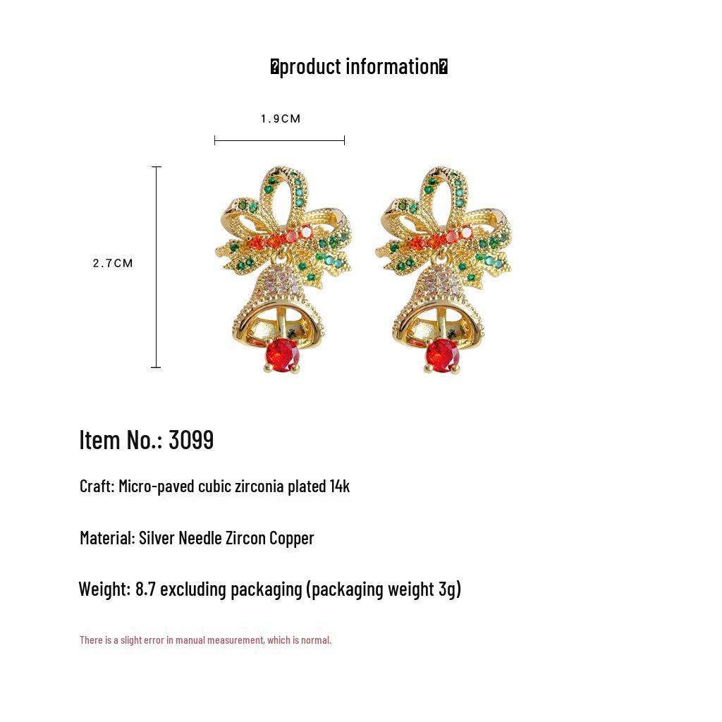 14K Gold Plated Colorful Gemstone Zircon Christmas Bell Stud Earrings 2023