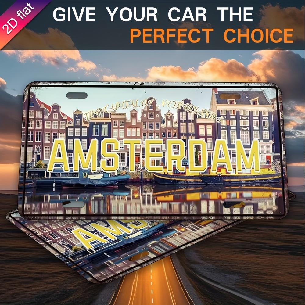 Mfoever Tin Sign HD Tin Sign Vintage Amsterdam Netherlands Canal House License Plate Metal Wall Art Retro European Cityscape Decor for Bar Man 15x30cm