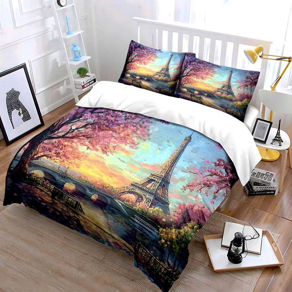 Eiffel Tower With Spring Riverside Scene Duvet Cover Set With 3D Printing Design Soft Polyester Bedding Set All-Season Comfort