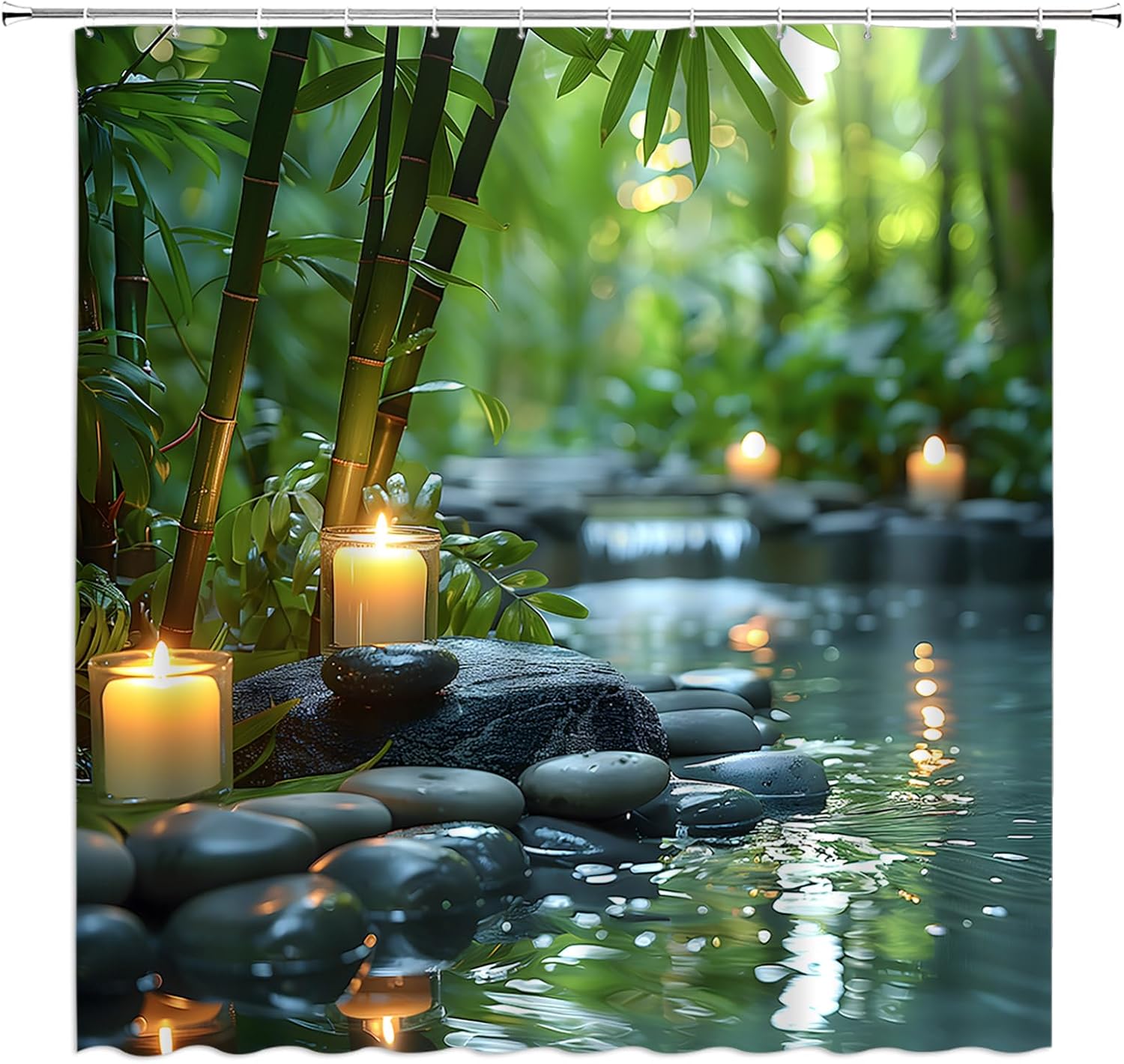 

Zen Spa Shower Curtain, Bamboo Stone Water Reflection, Calming Nature Decor Set With Hooks W120xH180cm
