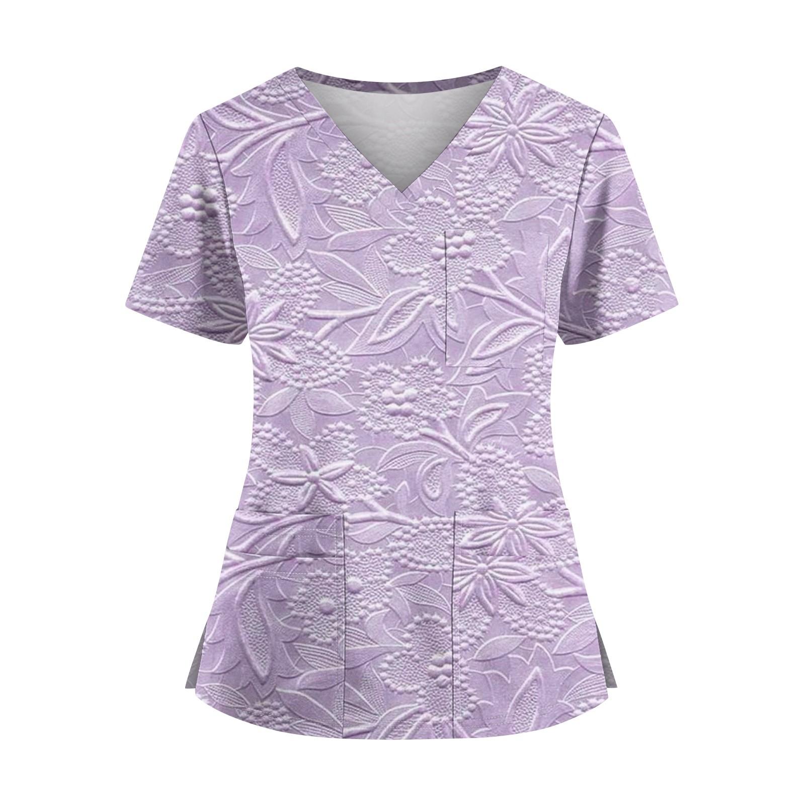 

Plus SizePrinted Scrub Working Uniform Tops For Women s Cross V-Neck Halloween Print Short Sleeve Fun T-Shirts Workwear Tee With Pockets XXXL