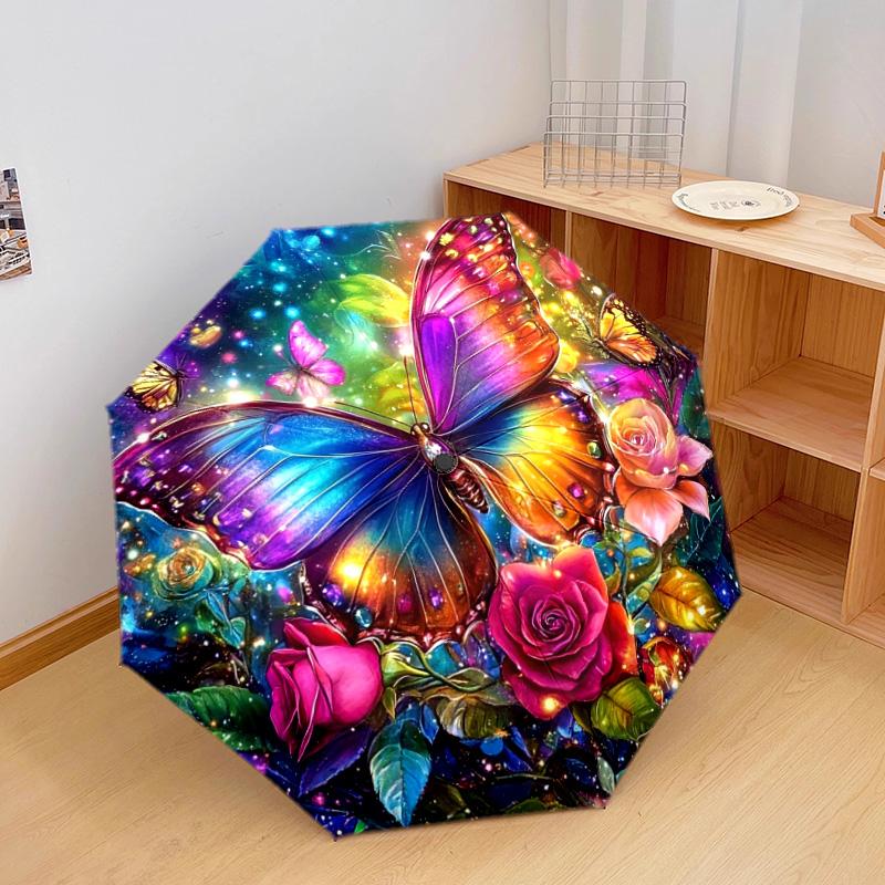 1 PC Automatic Folding Umbrella - Butterfly Garden Pattern, Portable & Foldable Design with 8 Ribs, Christmas Birthday Gifts