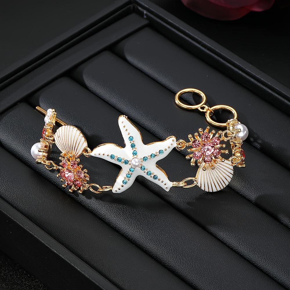 

1 шт. Богемский пляжный браслет с морской звездой, кораллом и ракушкой - Ювелирные изделия с золотым покрытием KC, Морская тематика, Синий Розовый Кристалл белый