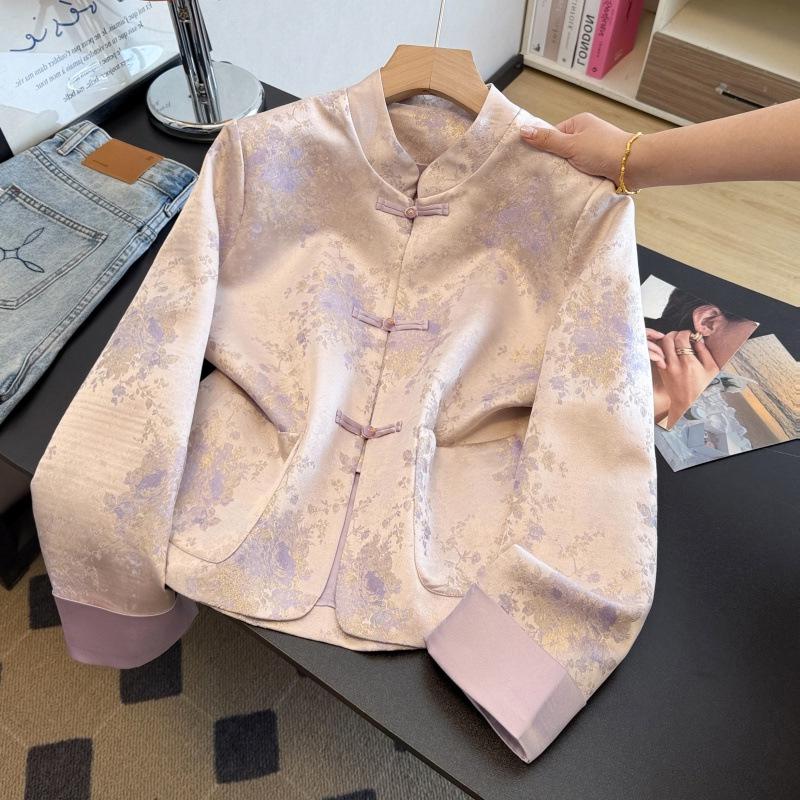 Silk Jacquard Plus Size Jacket for Middle-Aged Women – Chinese Style with Frog Buttons, Anti-aging, Spring/Autumn