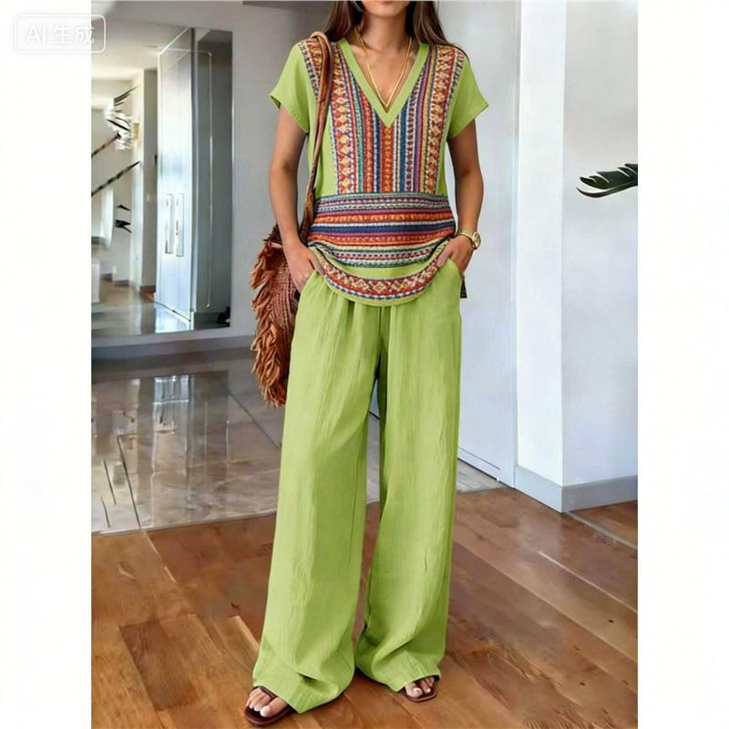 Bohemian Peacock Feather Print Set: Women's Vintage V-neck Top + Wide-leg Pants, Vacation-style Loose Two-piece Set