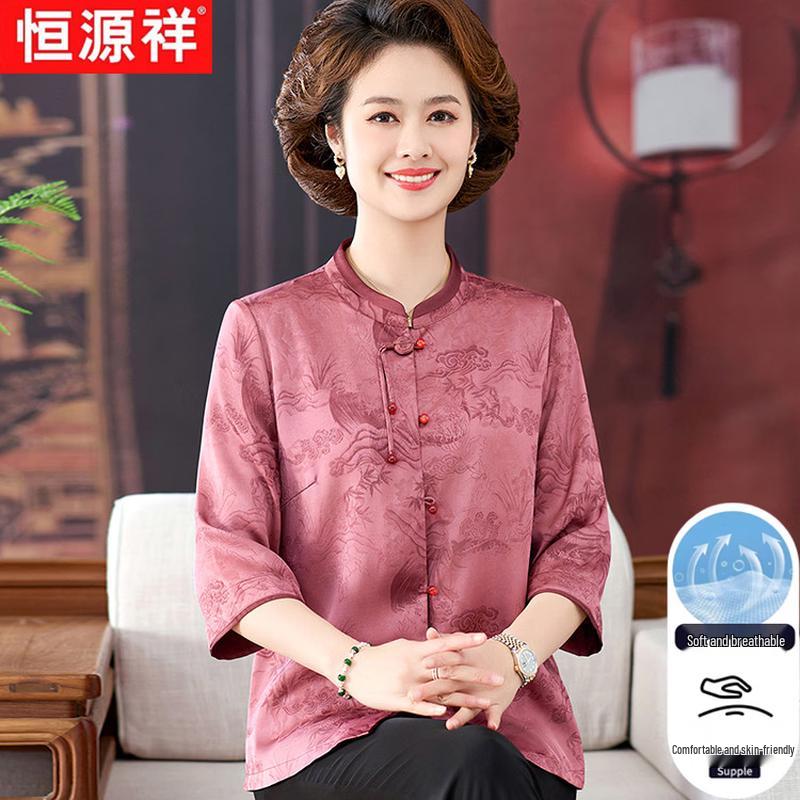 Hengyuanxiang Women s Chinese Style Stand Collar Printed Blouse 4XL