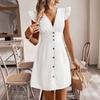 Summer New European and American Sexy High Waist Solid Color V-Neck Striped Button Dress