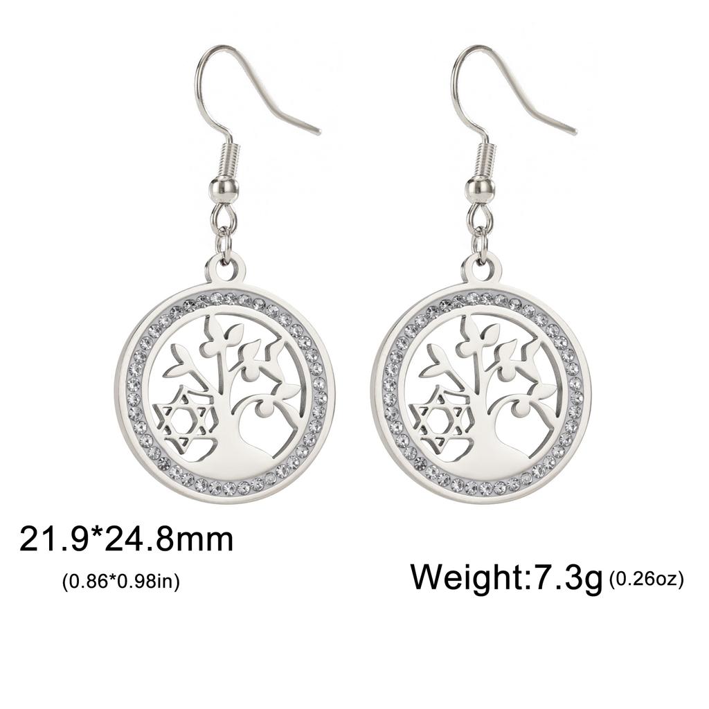 Tree of Life Women's Earrings Stainless Steel Gold Clear Zircon Round Pendant Dangle Earring Amulet Jewelry Gift