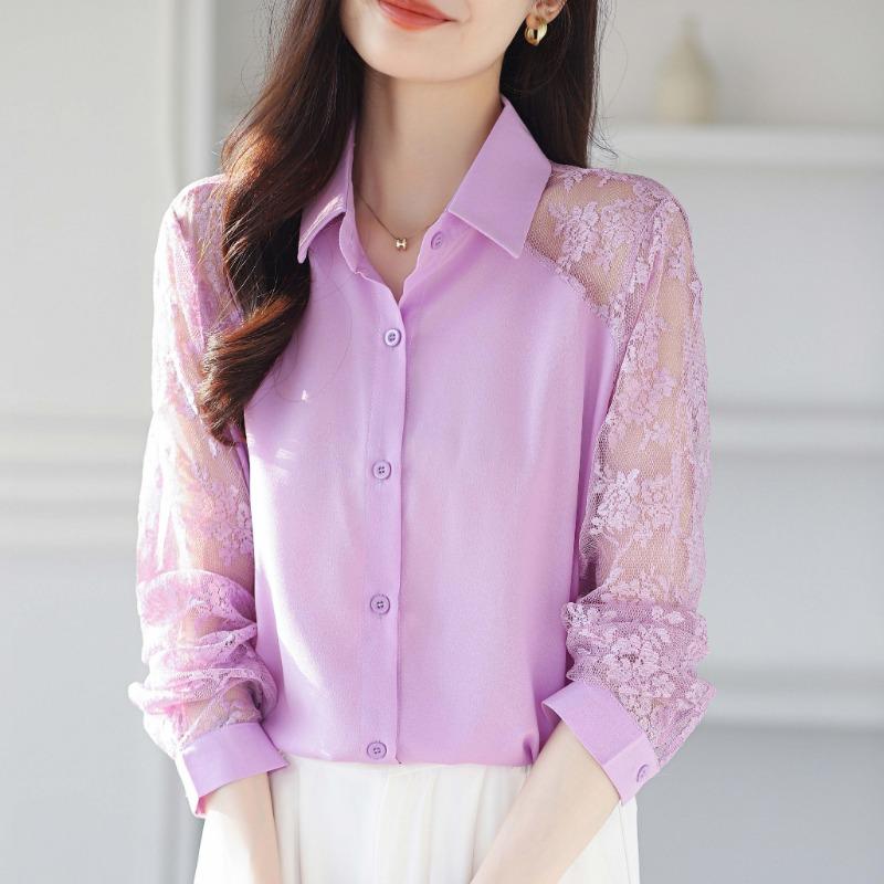 16 Color Lace Patchwork Chiffon Shirt Women Blouse Fashion Hollow Long Sleeved Top Slim OL Work Party Shirt Solid Color