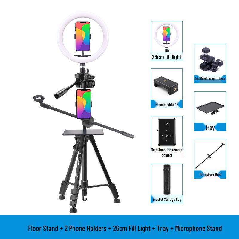Dual Camera Live Streaming Stand with Fill Light for Multi-Phone Video Shooting and Product Promotion