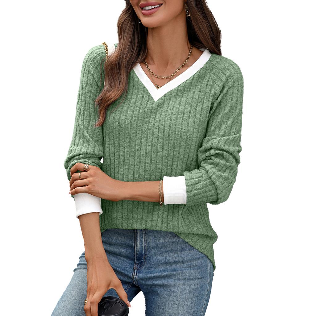 2025 Autumn and Winter New V-neck Loose Long-sleeved T-shirt Tops for Women
