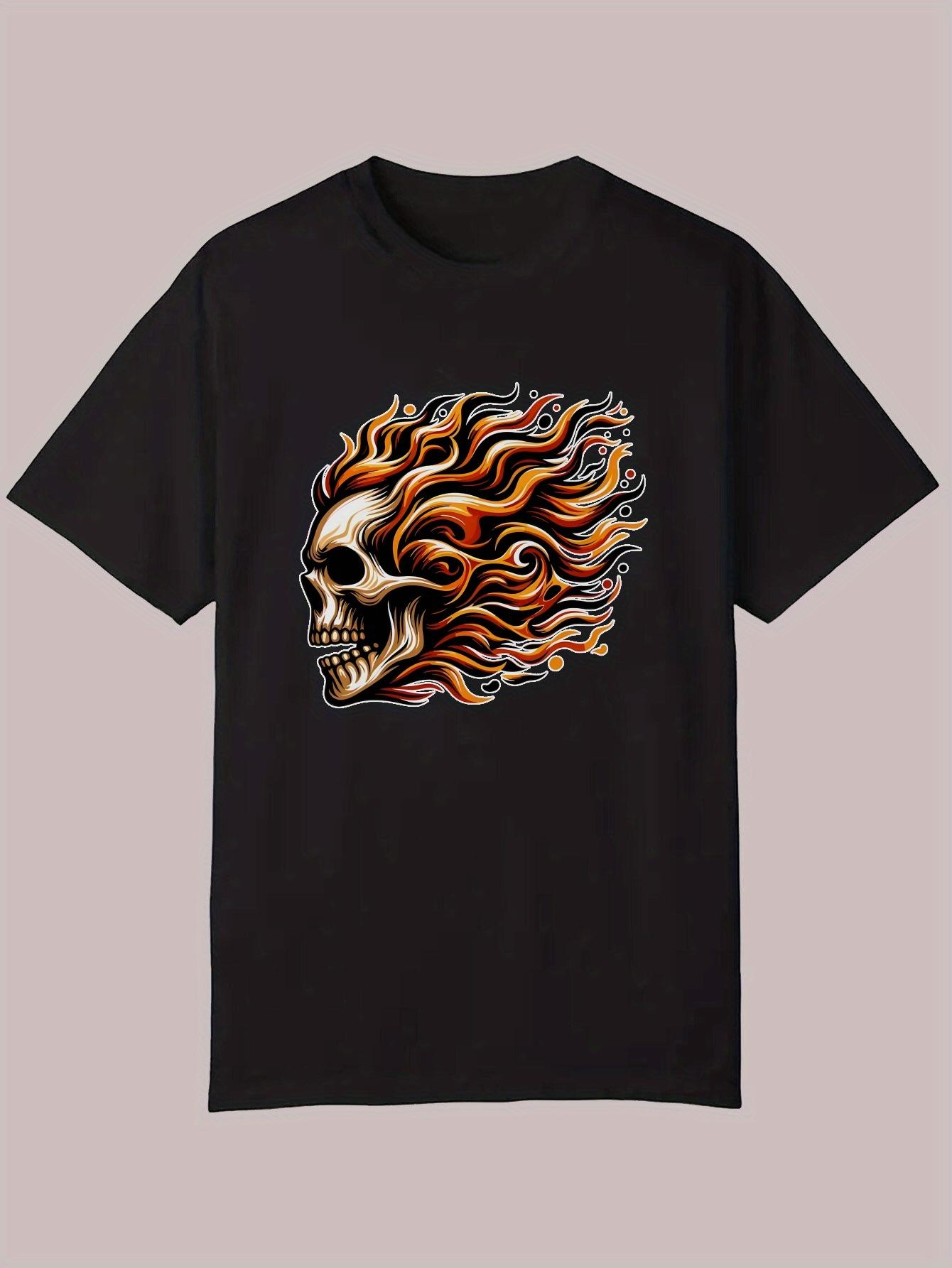 Skull Graphic T-shirt - Black Casual Summer Tee with Fiery Skull Design M