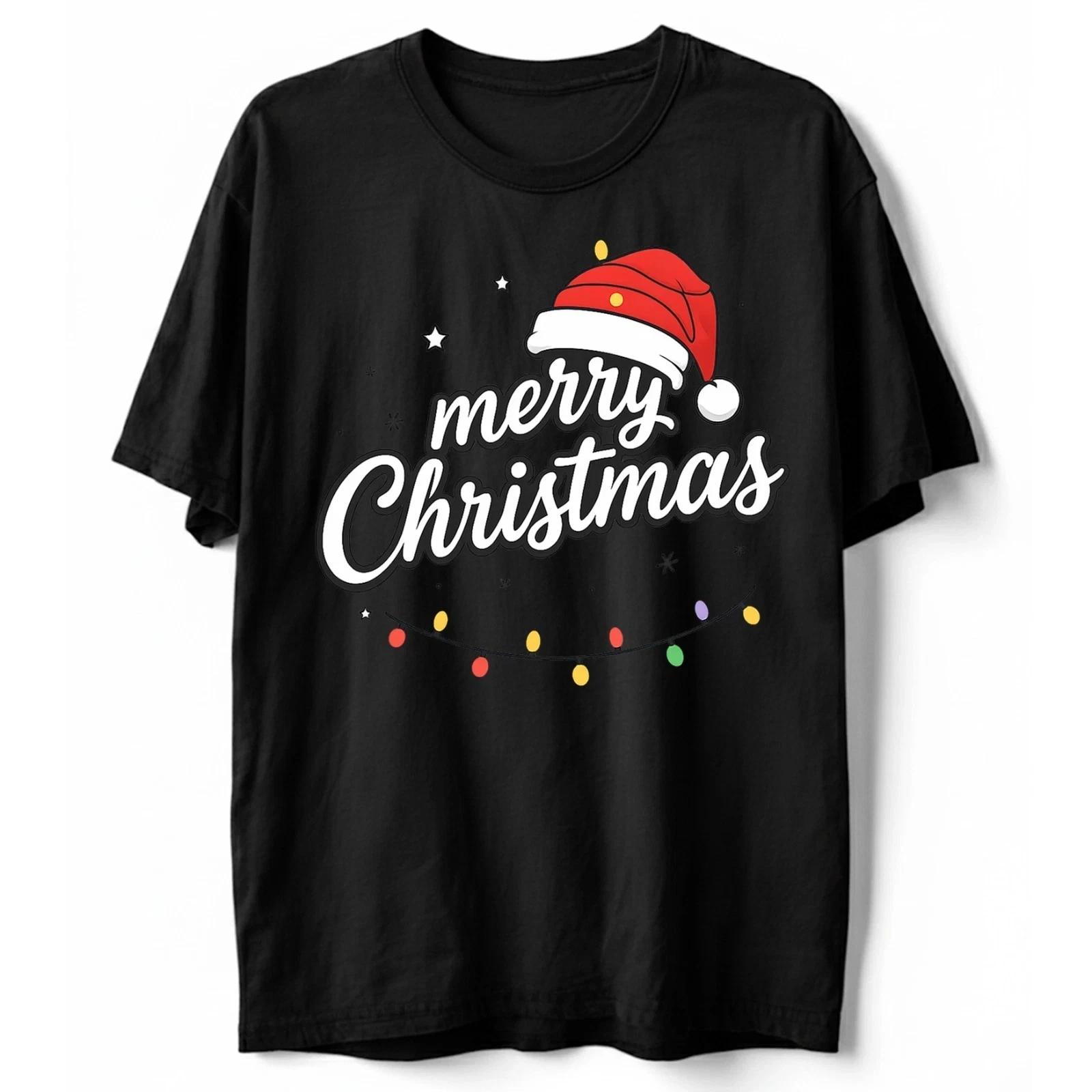 Merry Christmas Santa Hat Shirt Holiday Lights Festive Christmas T-Shirt S-5XL XXL
