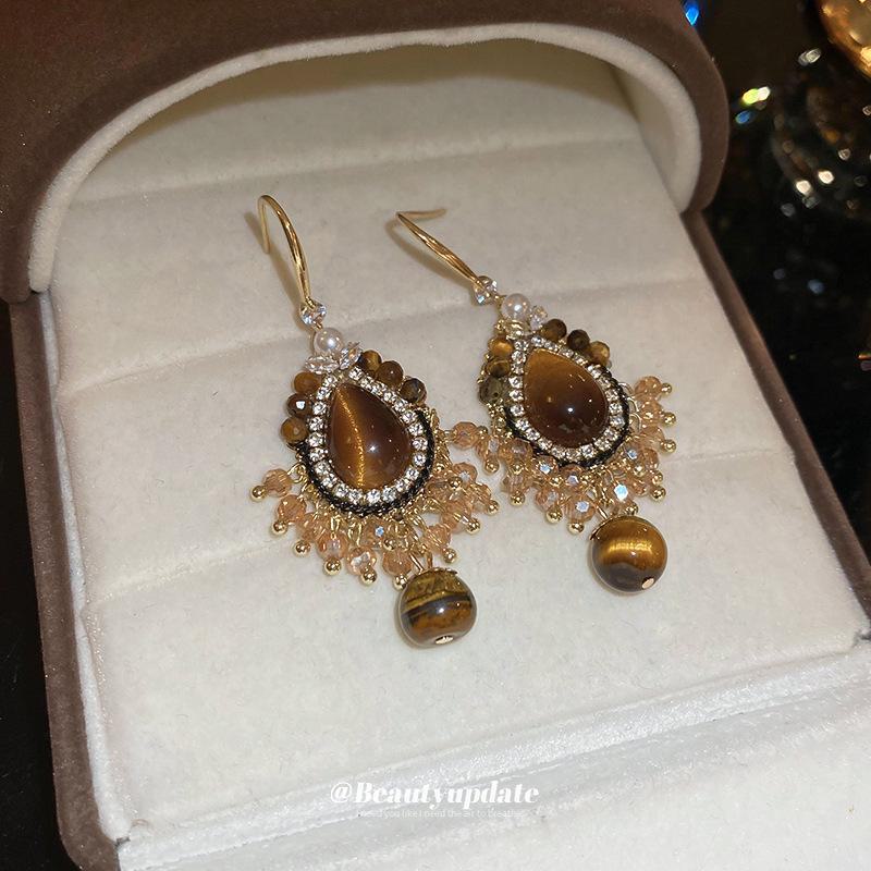 "Maillard Tiger Eye Stone Tassel Earrings: Retro French Palace Style for Women"