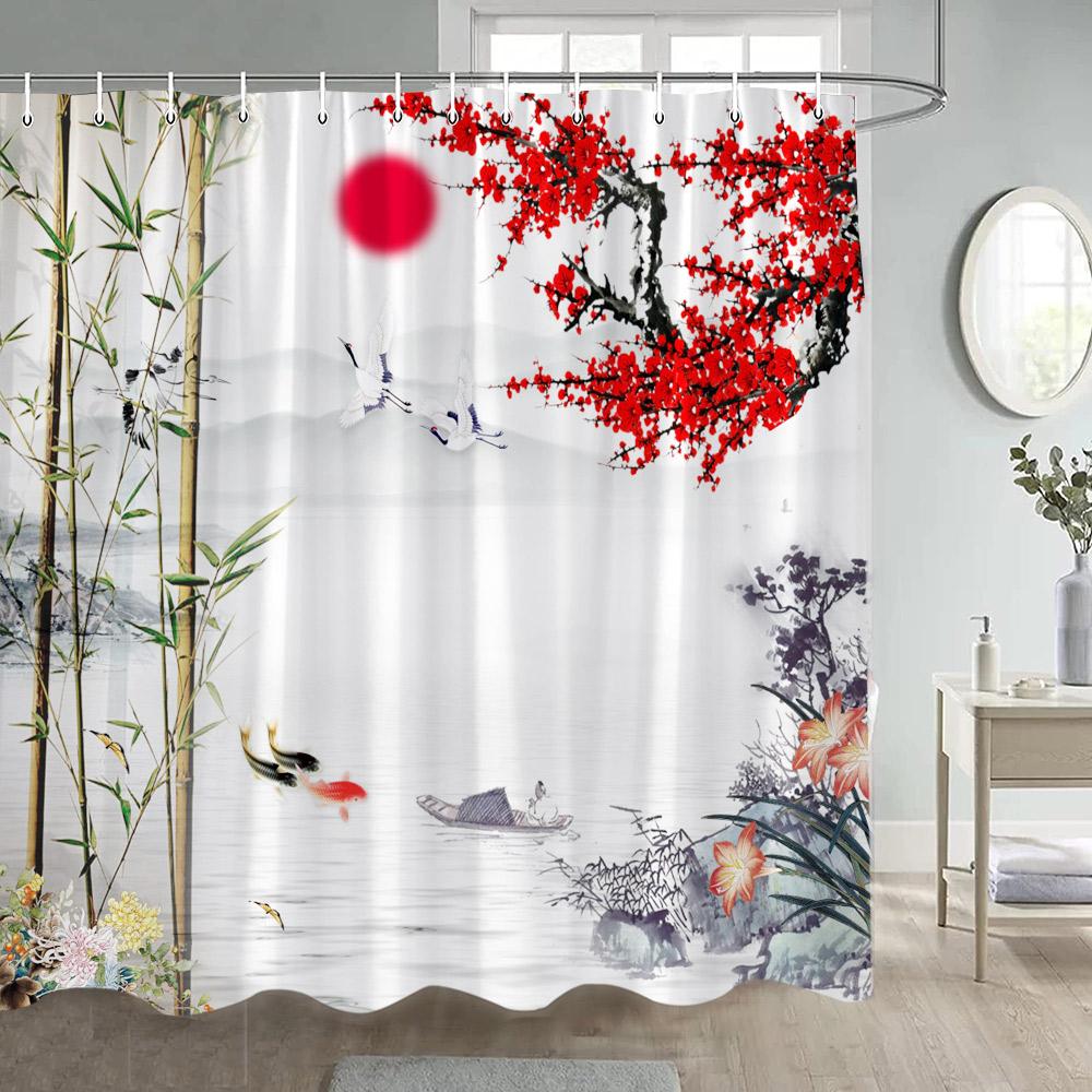 Asian Shower Curtain Traditional Chinese Pine Trees and Crane Flying Landscape Art Fabric Bathroom Decor Bath Curtains Set Hooks