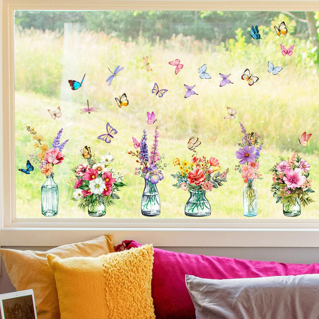 Window Sticker Static Cling with Multicolor Floral Butterfly Design Suitable for Living Room For Bedroom Kitchen
