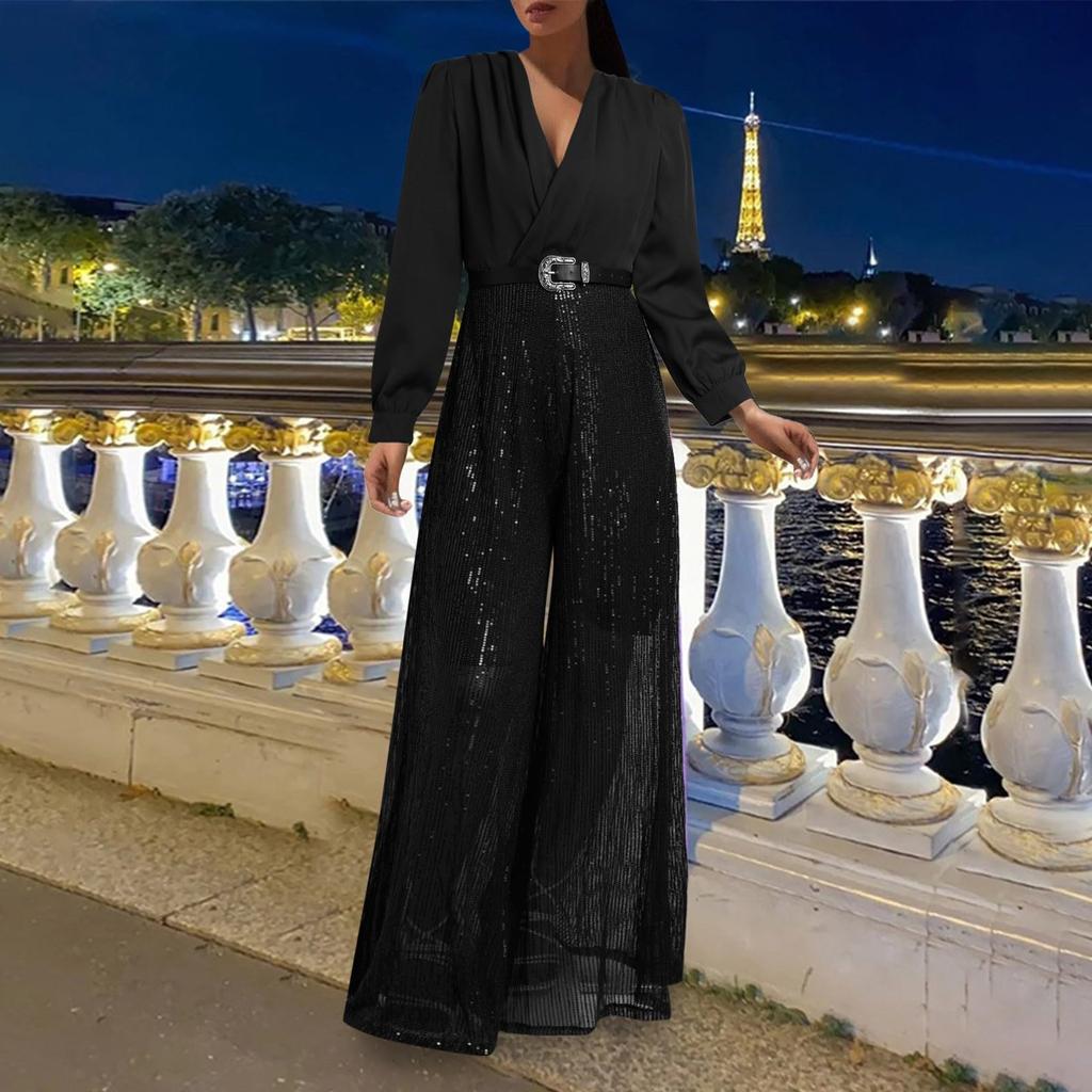 Blouse Fashion pour Femme à Col en V et Manches Longues Élégante et Gracieuse Taille Cintrée pour une Silhouette Flatteuse Combinaison à Jambes Larges Ornée de Sequins