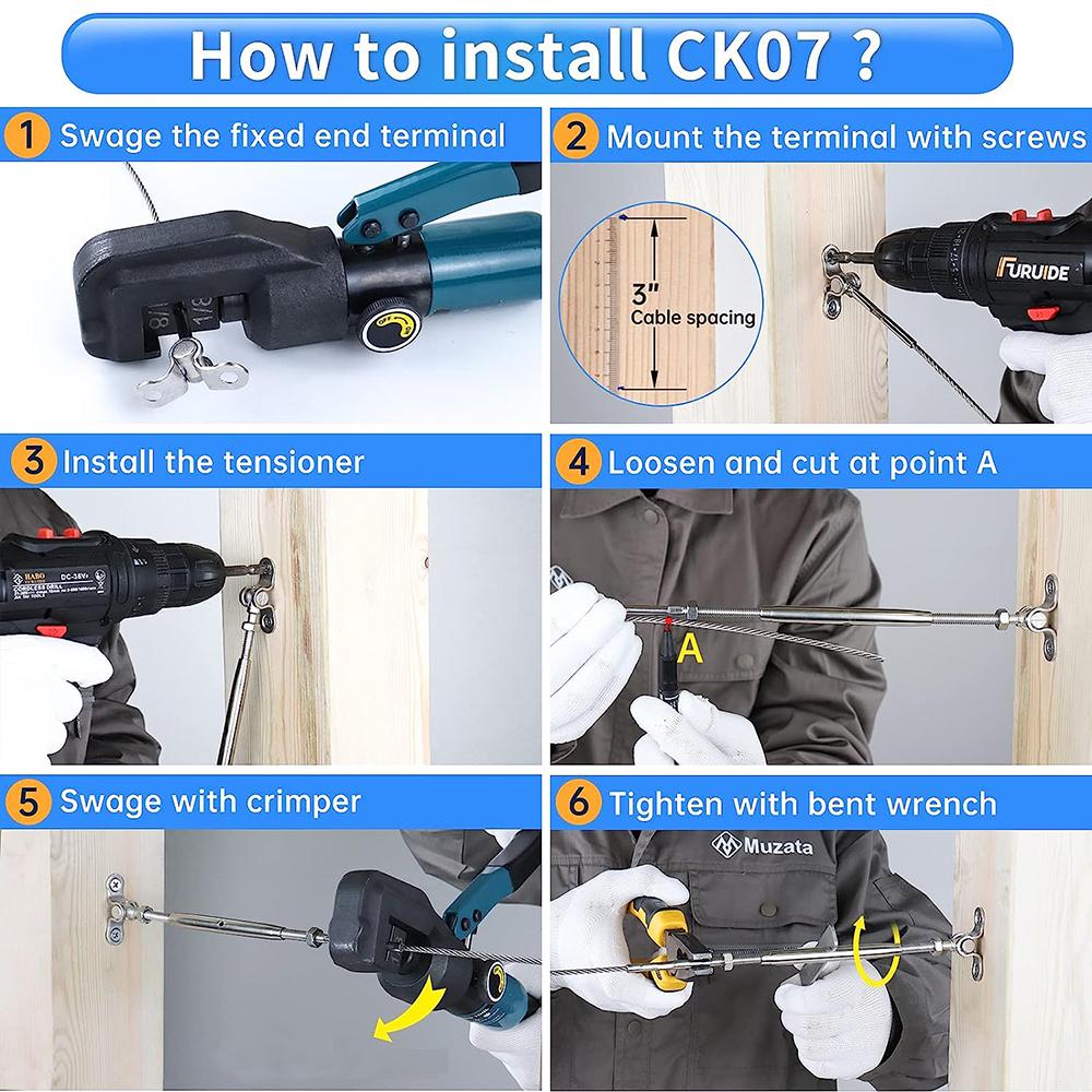 10 Pairs Cable Railing Kit T316 Stainless Steel 1/8" for Wood Post Wood Easy System Angle 180° Adjustable Stairs Deck