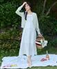 Adowl Vintage Pattern Shirring Ribbon Dress - White
