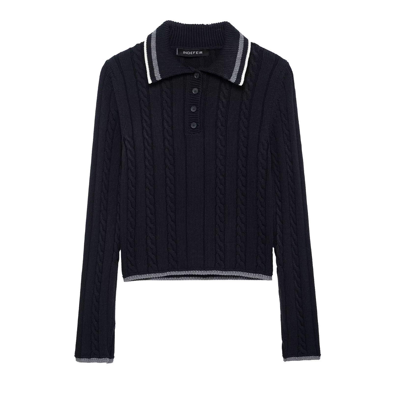 

Весна 2025 Женский Уличный Модный Вязаный Свитер с Воротником Поло Large чёрный