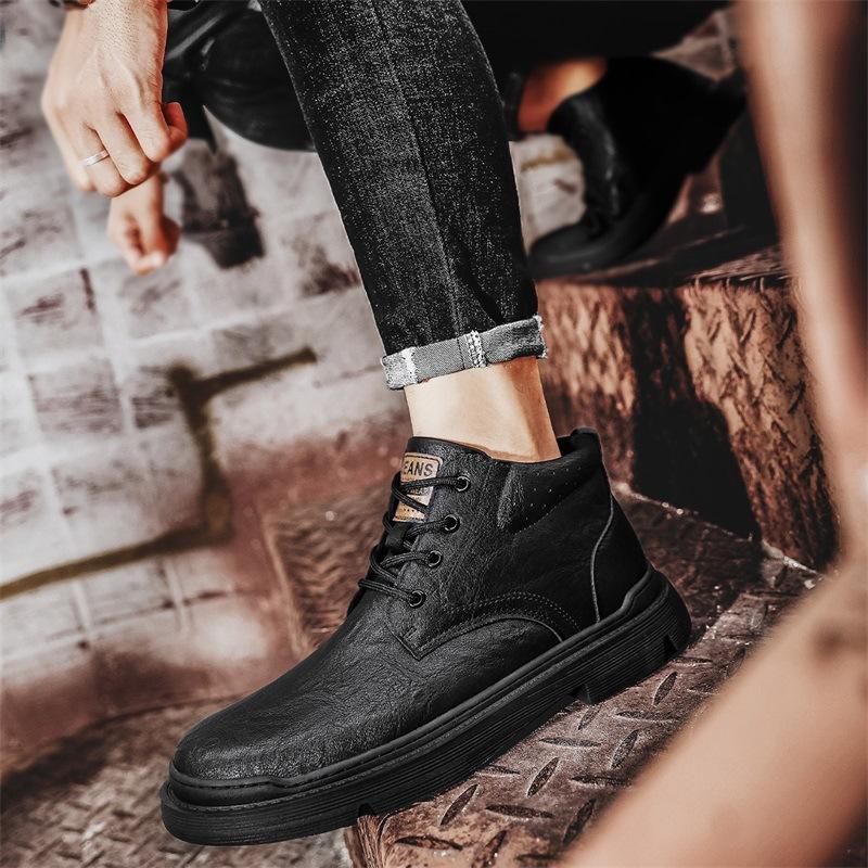 Nové podzimní britské vintage kožené vysoké boty s fleecovou podšívkou, zimní kožené boty do polstrování