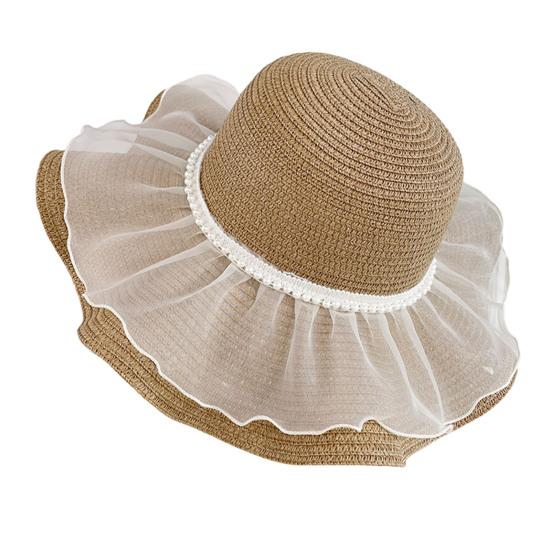 Beach Hat Natural High-Density Straw Fabric Sun Protection Wide Brim Dome Design Sun Hat Lace Bow Faux Pearls Decor Summer Hat