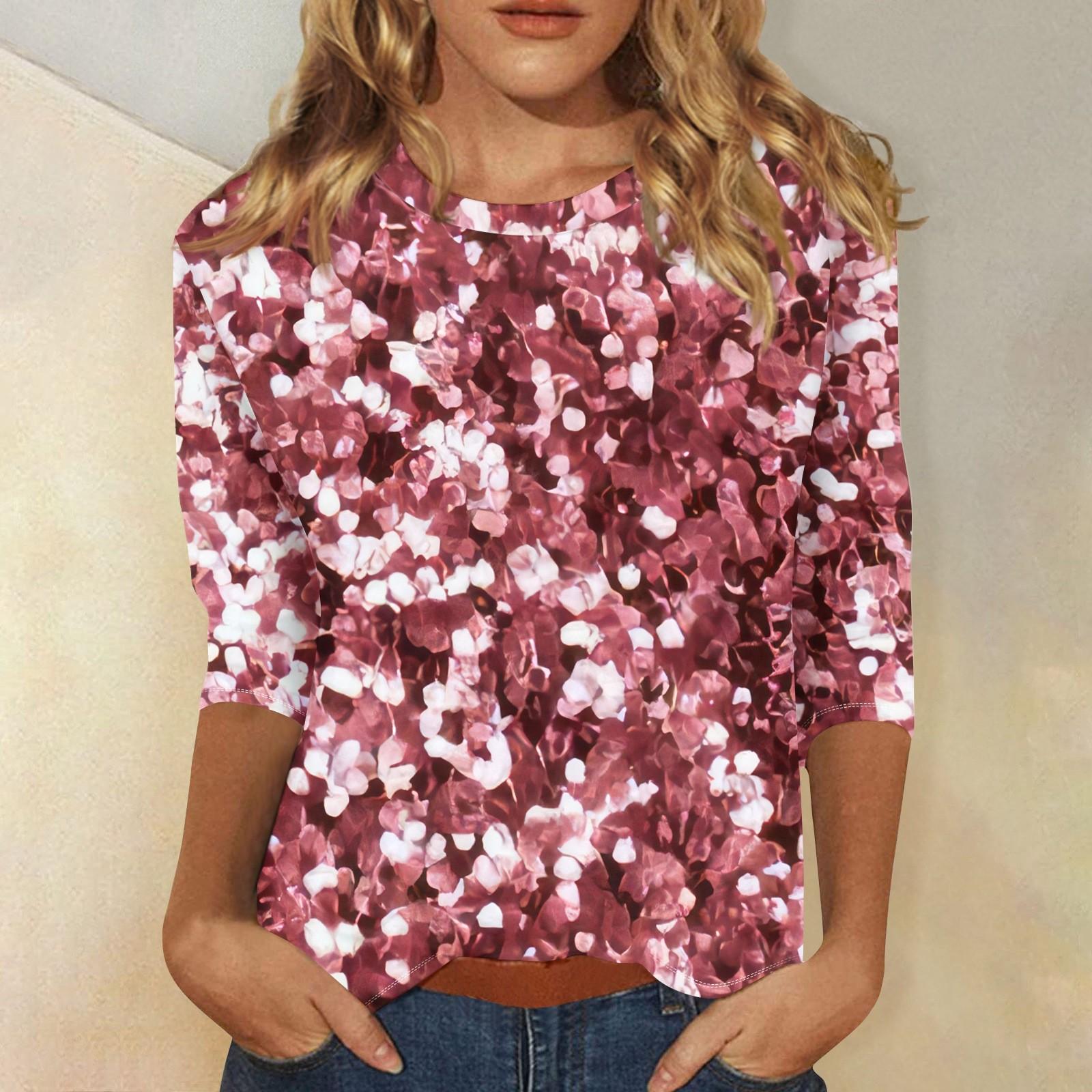 

Жіночий модний повсякденний топ з круглим вирізом і принтом з паєтками з рукавом три чверті S