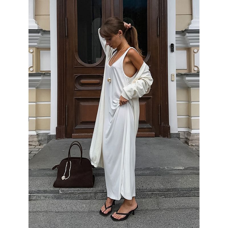 European and American Ladies Dress Simple Women's Clothing Street Casual T-shirt Long Dress Inner Home Wear U-Collar