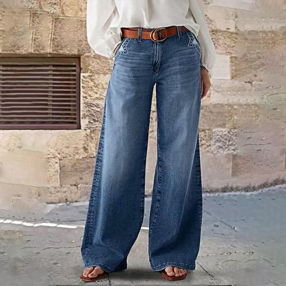 Women's Mid Rise Wide Leg Jeans Loose Fit Pocket Medium Weight Medium Stretch Long Denim Trousers