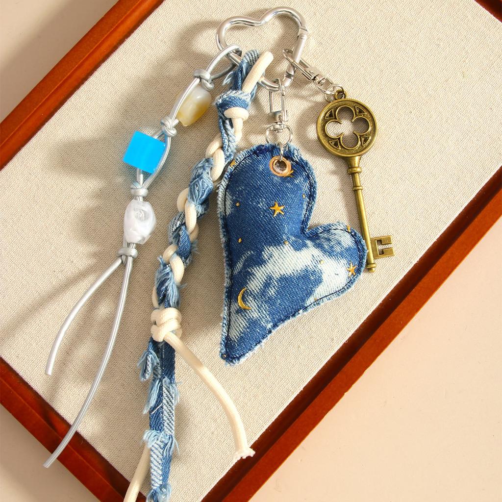 Cross-border retro denim love pendant pendant resin beaded key braided rope bag pendant keychain