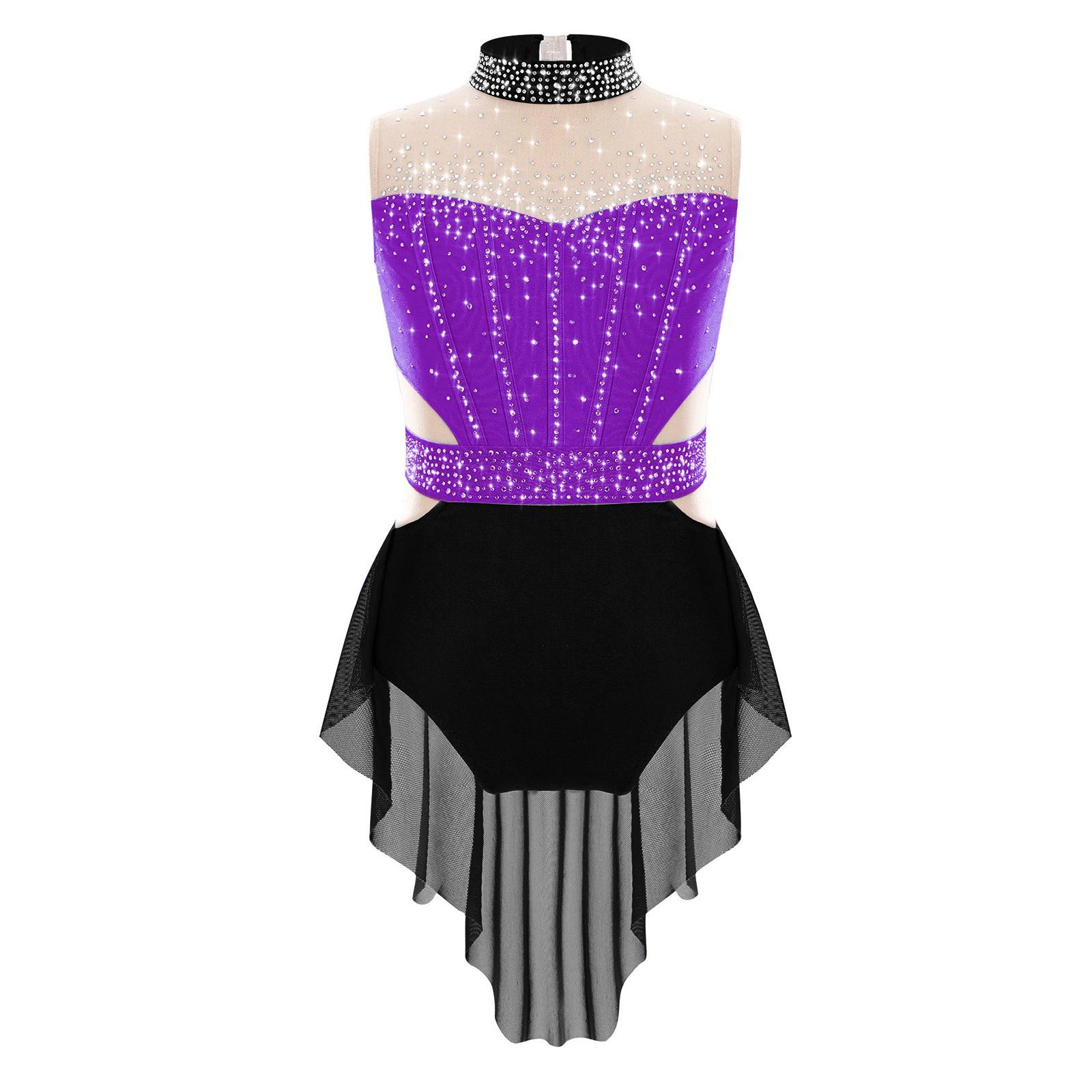 

Kids Shiny Rhinestone Leotard Mesh Skirt Overlay Color Block Design for Ballet Performances 13-14 Years чорний/фіолетовий