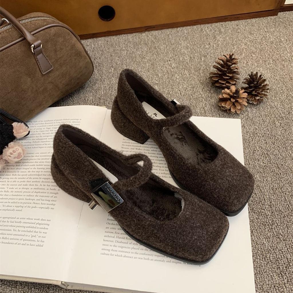 Fleece winter square head Mary Jane fluffy grandma shoes high heel temperament woolen thick heel single shoes women's shoes French