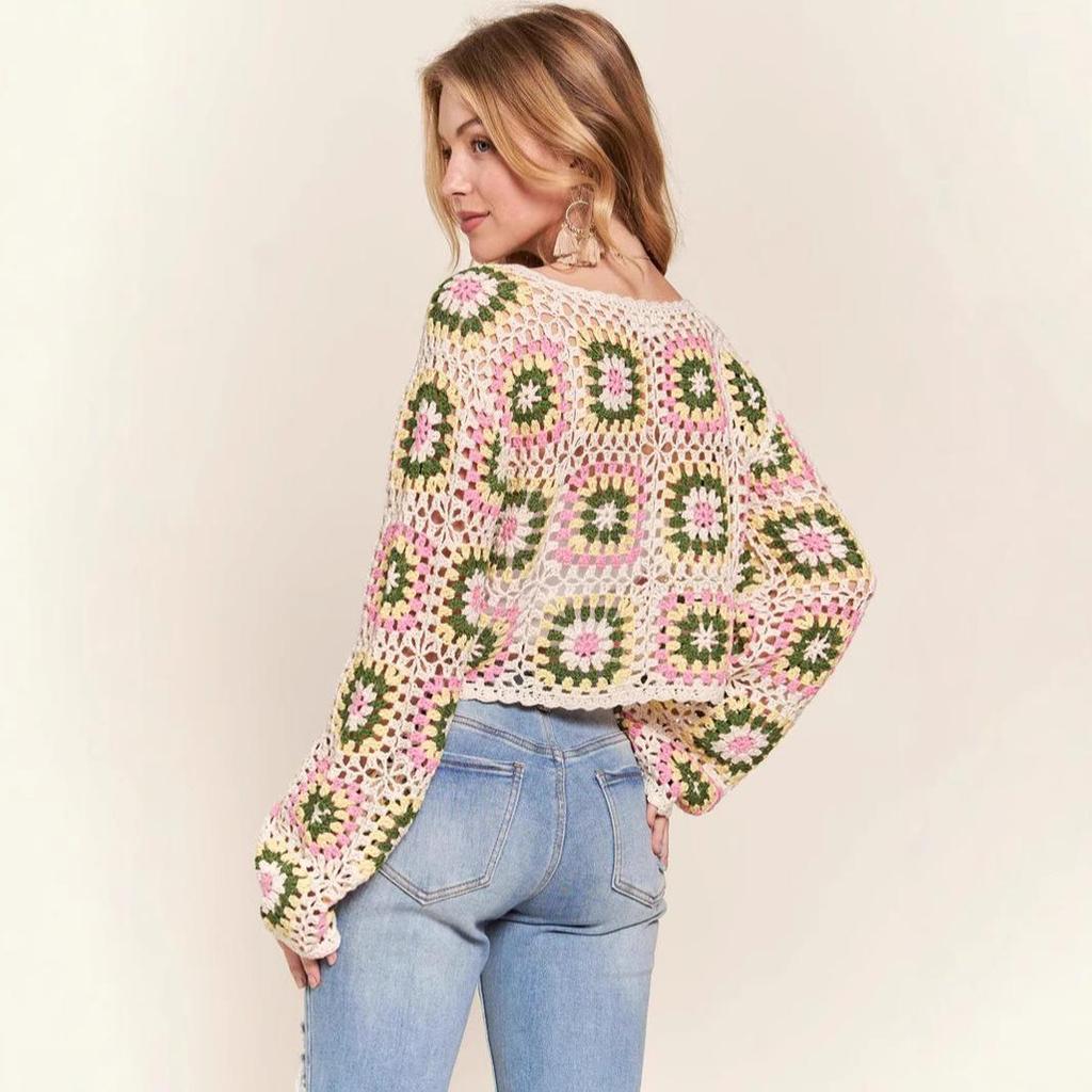 Handmade Crochet Rainbow Block Pullover: Forest Style Round Neck Long Sleeve Sweater