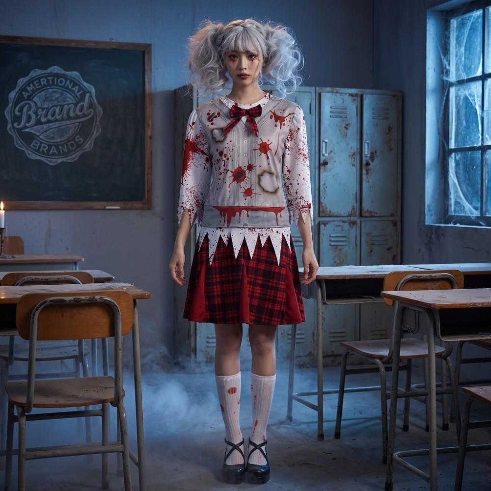 NPC Red Plaid Halloween Zombie Costume Scary Blood-Stained Zombie Cosplay Costume Decorative Creepy Bloody Dress Haunted House