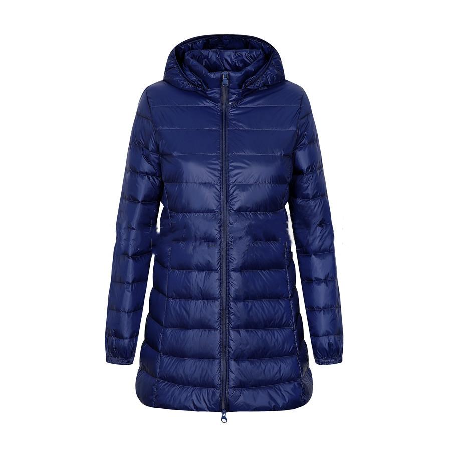 Winter Women Down Jacket Long Hooded Stand Collar Solid Color White Duck Down Coat Zipper S 7XL