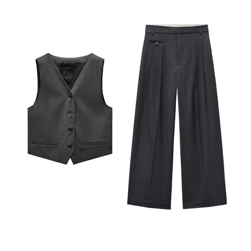 Fall and Winter Pinstripe Sleeveless Suit Vest 4749884 Minimalist Easiest for Match High Waist Wide Leg Pleated Pants 1255539