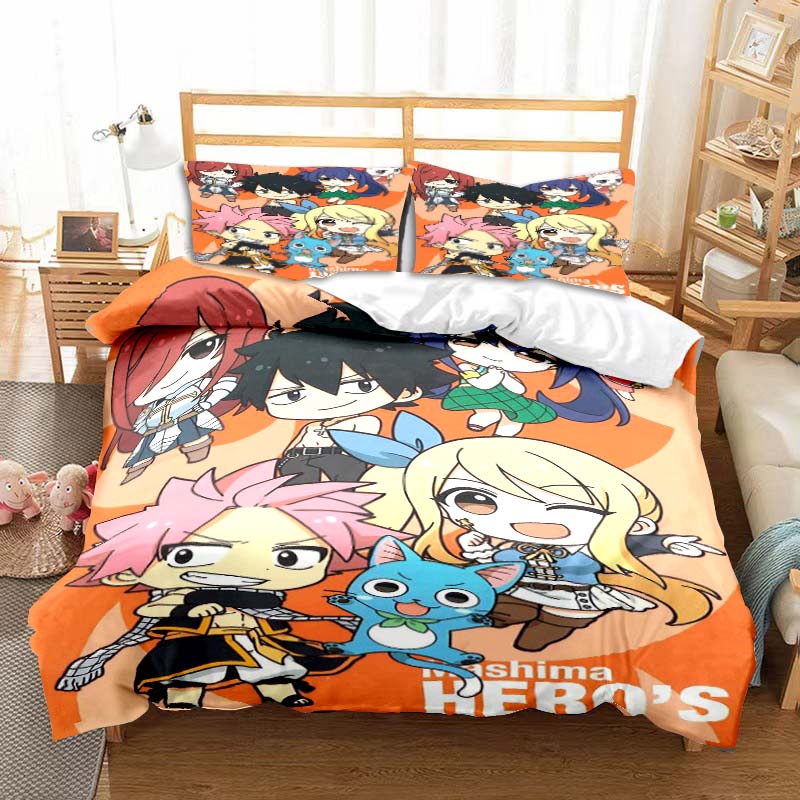 3D Anime Fairy Tail Bedding Set Bed Three-piece Set Duvet Cover Single Double Bed Queen Size Duvet Cover Set Adult Kid's Bedroom