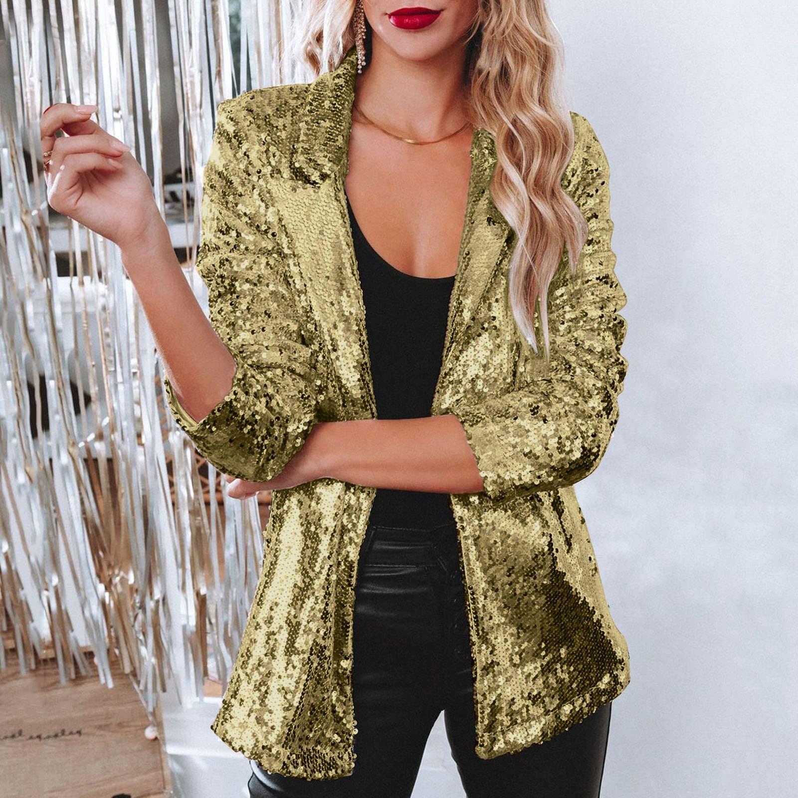 

Женский сексуальный блестящий клубный вечерний коктейльный костюм с блестками, вечернее пальто XL золотой