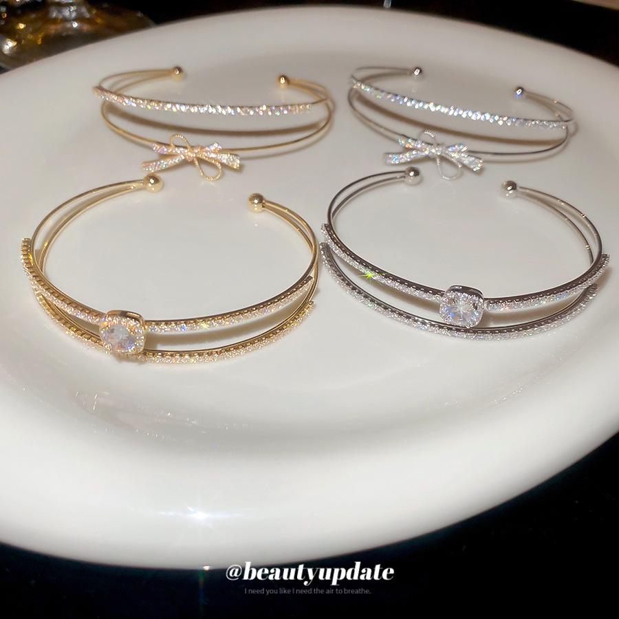 Korean Minimalist Zircon Geometric Open Cuff Bracelet - Light Luxury & Exquisite Design