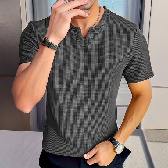 Tricou bărbați cu guler în V, mânecă scurtă, culoare solidă, Slim Fit, moale, respirabil, vară, casual, topuri, purtare zilnică